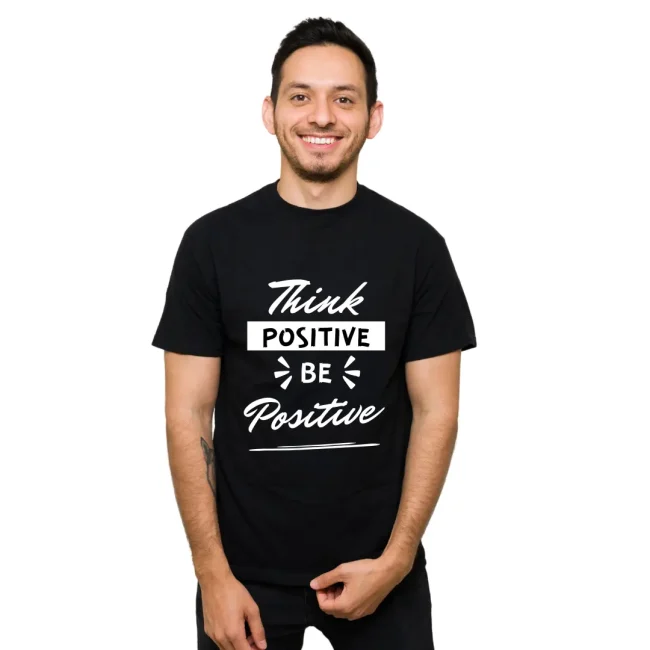 Pure Cotton Round Neck Black T-Shirt – Think Positive Quote