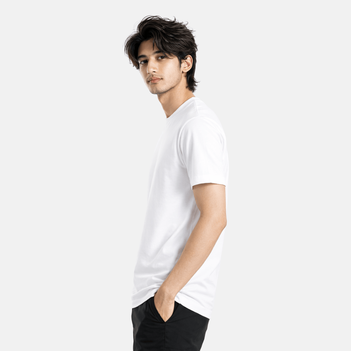 Marsboy Supima Cotton White Round Neck T-Shirt Side Pose
